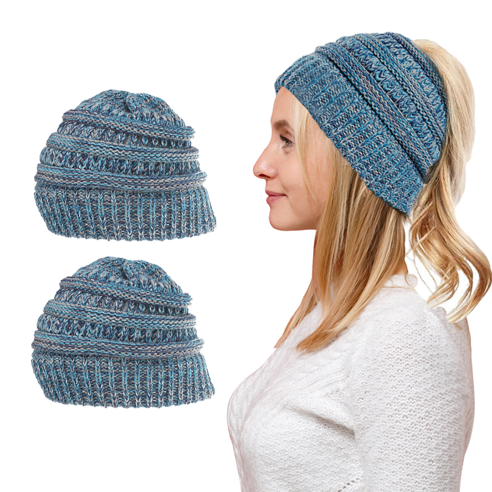 Women Fun Warm Winter Ponytail Beanie Hat Cap Set of 2