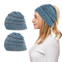 Blue Women Fun Warm Winter Ponytail Beanie Hat Cap Set of 2