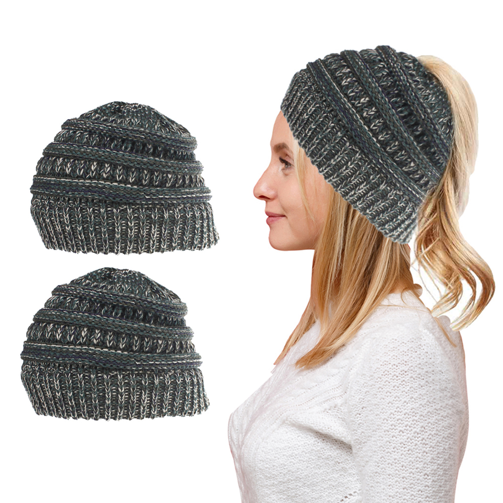 Women Fun Warm Winter Ponytail Beanie Hat Cap Set of 2