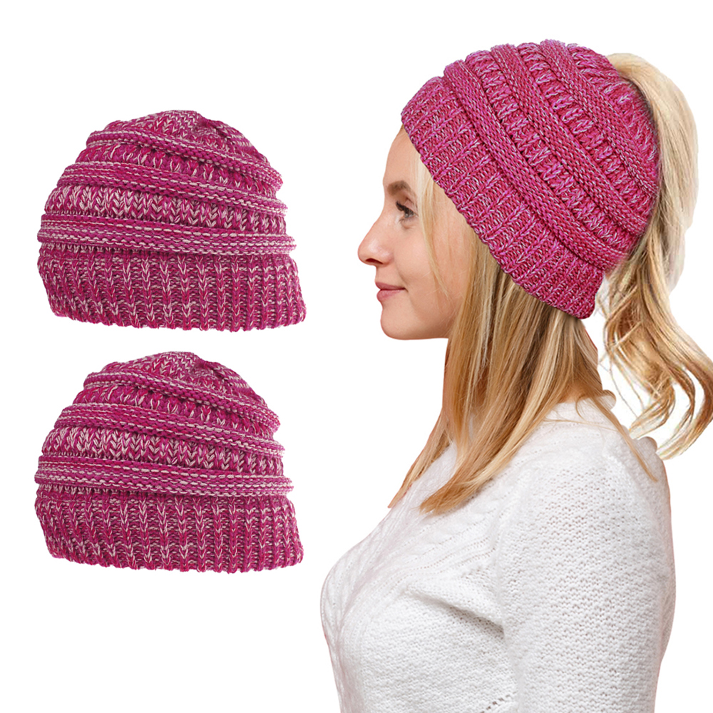 Women Fun Warm Winter Ponytail Beanie Hat Cap Set of 2