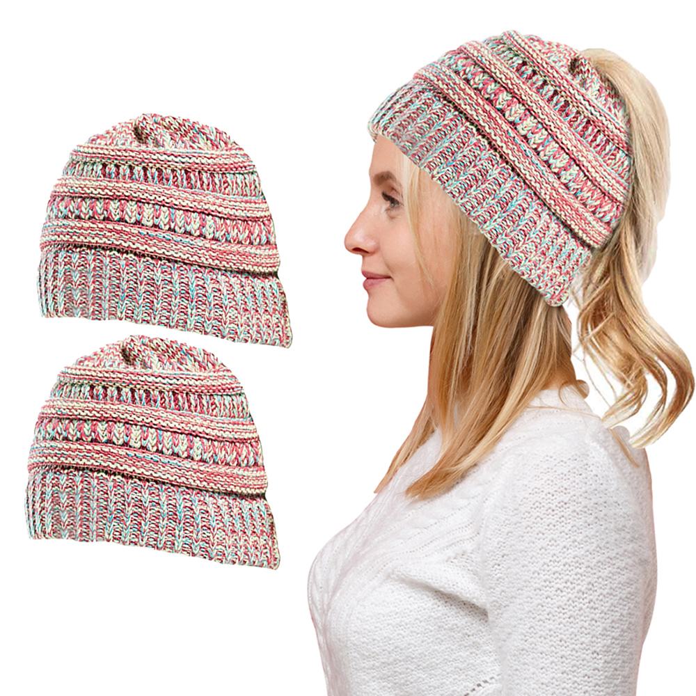 Women Fun Warm Winter Ponytail Beanie Hat Cap Set of 2