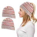 Pink Women Fun Warm Winter Ponytail Beanie Hat Cap Set of 2