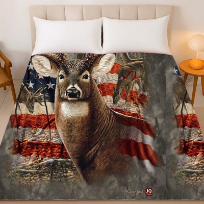 Deer & American Flag Design – Plush Queen Size Hunting Blanket