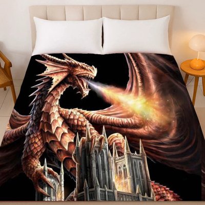 Orange Dragon & Castle Blanket – Plush Queen Size Throw, Ultra Soft