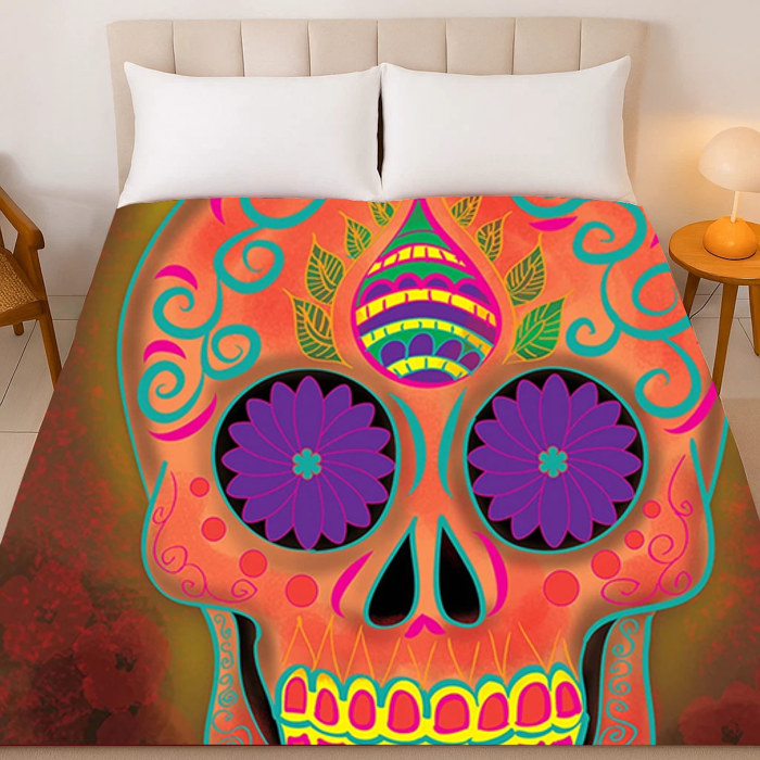 Sugar Skull Queen Size Blanket – Extra Soft Plush - Orange