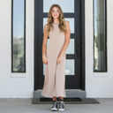 Small Beige Shoulder Pad Midi Dress