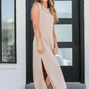 Small Beige Shoulder Pad Midi Dress