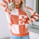 XL Orange Kya Checkered Floral Sweater