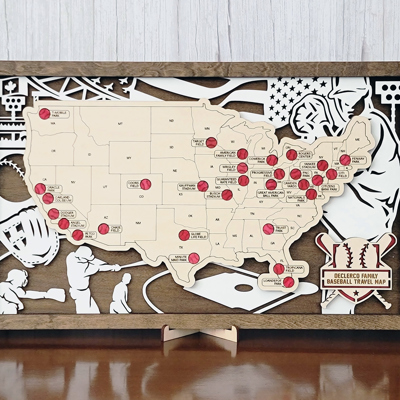 Stadium Series Baseball Stadium Travel Checklist Map – 18" x 10" Engraved Wooden US Map with Customizable Nameplate