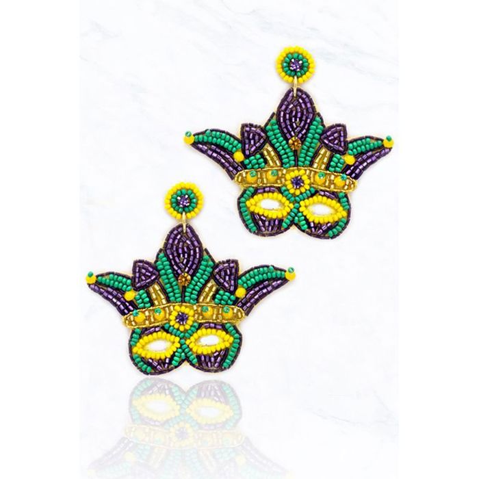 Handmade Mardi Gras Mask Seed Bead Drop Earrings