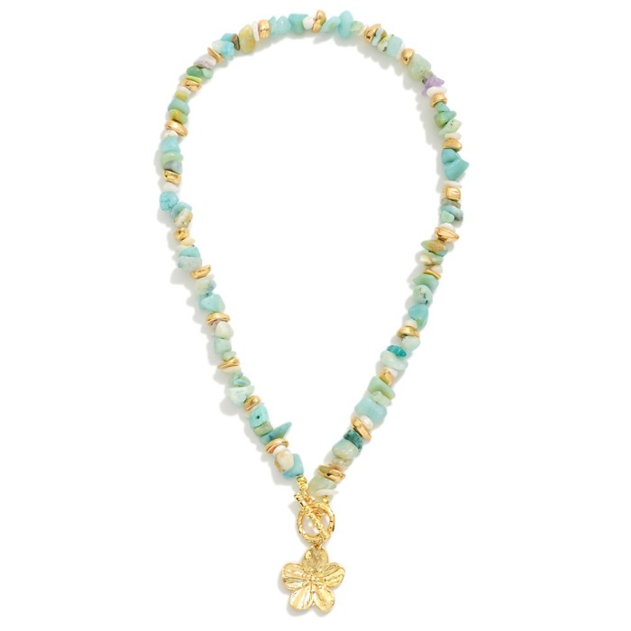 Stone Beaded Necklace with Gold Flower Pendant & Toggle Clasp – Elegant & Boho Chic ✨🌸 Spring Refresh