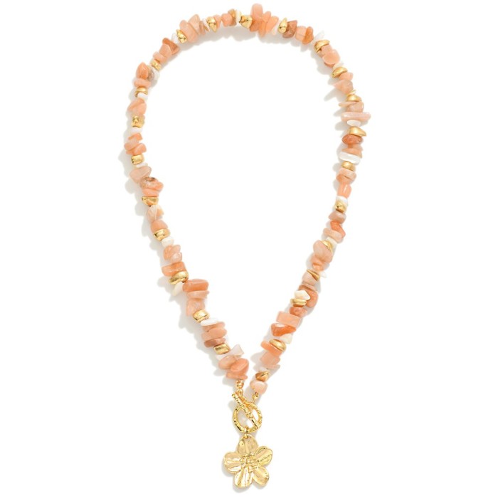 Stone Beaded Necklace with Gold Flower Pendant & Toggle Clasp – Elegant & Boho Chic ✨🌸 Spring Refresh