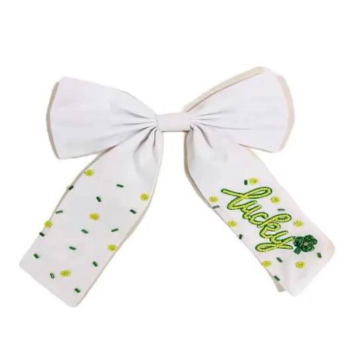 Lucky Shamrock Beaded Alligator Clip Hair Bow – Handcrafted Elegance for St. Patrick’s Day 🍀✨