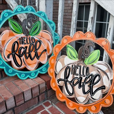 Hello Fall Pumpkin Door Hanger – Hand Painted Birch Wood