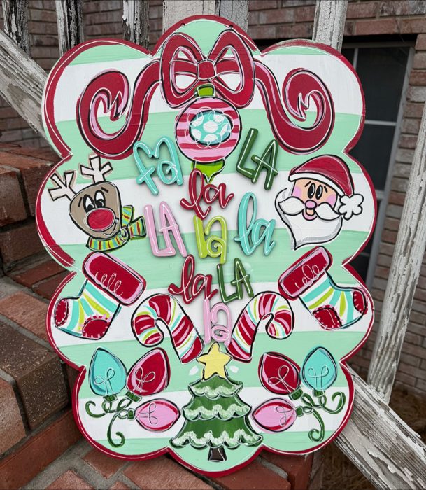 Fa La La Christmas Door Hanger – Hand Painted Holiday Porch Sign