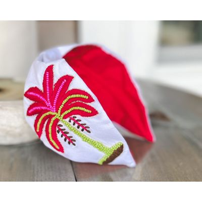 Pink Palm Tree Embroidered Seed Beaded Top Knot Headband – Handmade Resort Wear Accessory