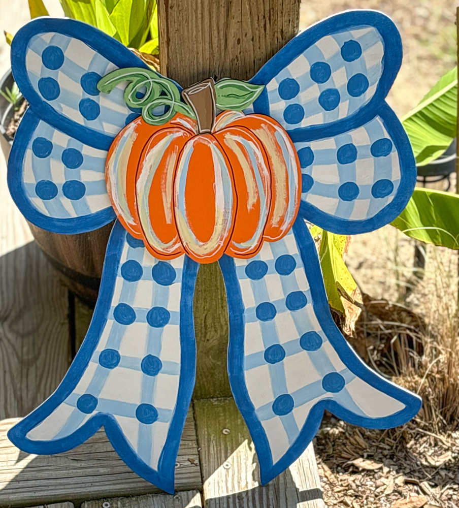 Preppy Bow with Pumpkin Fall Hand Painted Door Sign