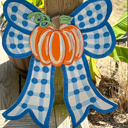  Preppy Bow with Pumpkin Fall Hand Painted Door Sign