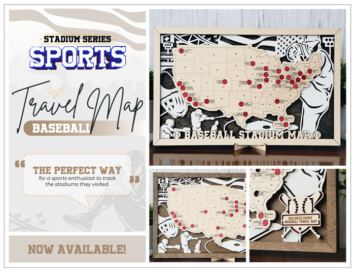 Stadium Series Baseball Stadium Travel Checklist Map – 18" x 10" Engraved Wooden US Map with Customizable Nameplate