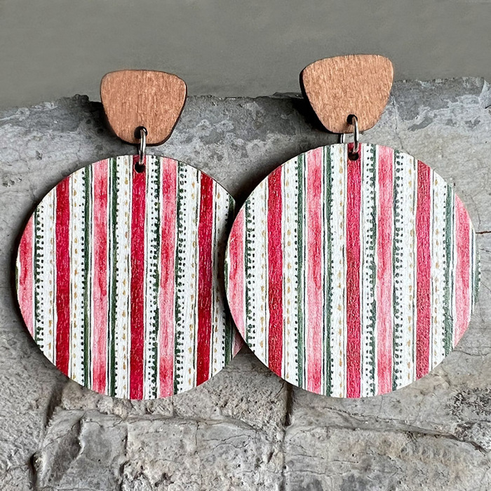 Christmas Round Wood Dangle Earrings
