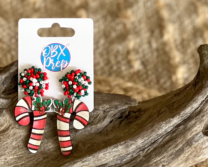 Hand-Painted Birch Candy Cane Earrings with Seed Beaded Studs 🎄