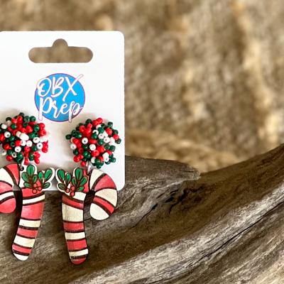 Hand-Painted Birch Candy Cane Earrings with Seed Beaded Studs 🎄