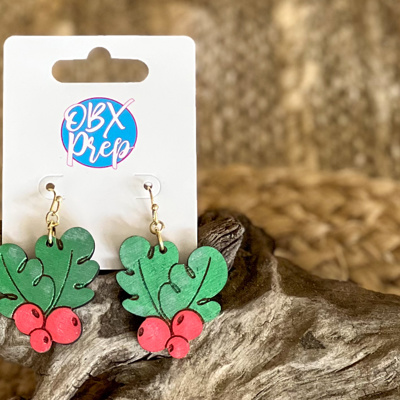 Hand-Painted Holly Berry Wood Earrings – Baltic Birch, Hook Closure
