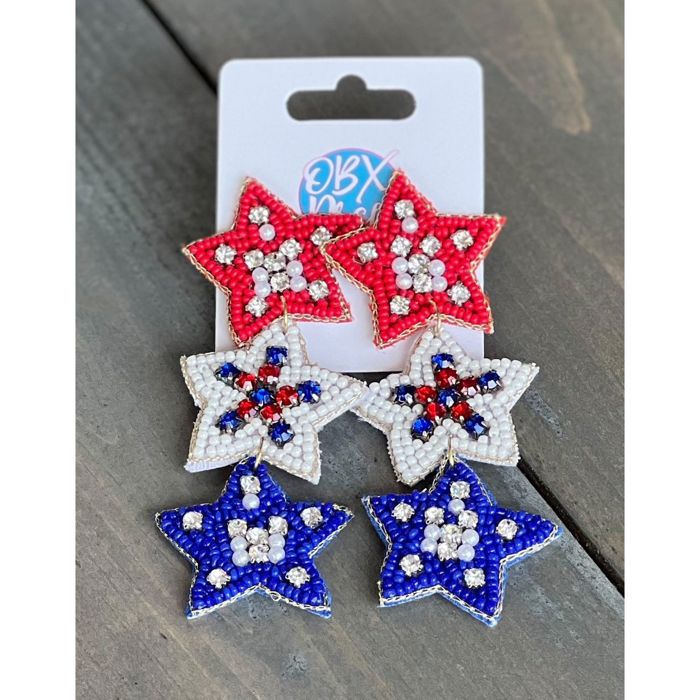Handmade Patriotic Red White and Blue Triple Stars Earrings