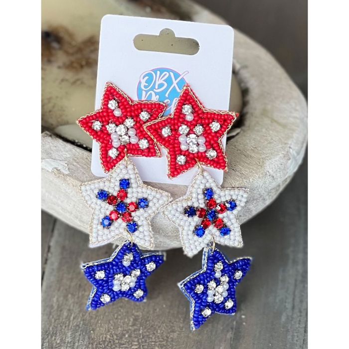 Handmade Patriotic Red White and Blue Triple Stars Earrings