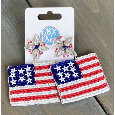 Patriotic Red White and Blue USA American Flag Seed Beaded Earrings