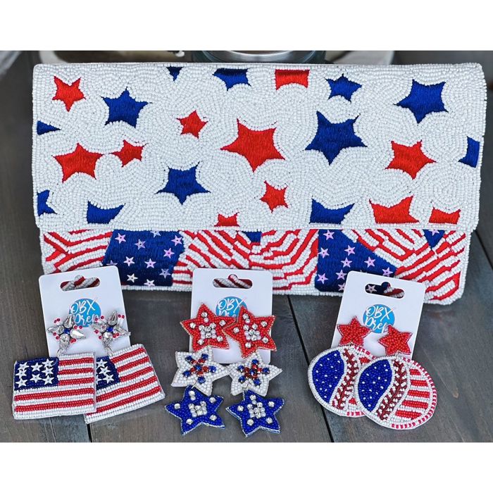 Handmade Patriotic Red White and Blue Triple Stars Earrings