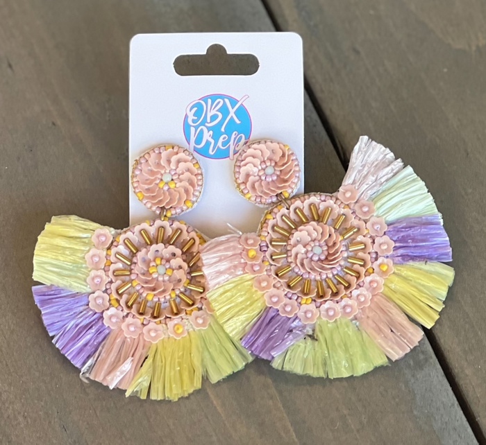Raffia Fringe Sequin Flower Disc Drop Earrings