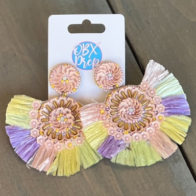 Raffia Fringe Sequin Flower Disc Drop Earrings