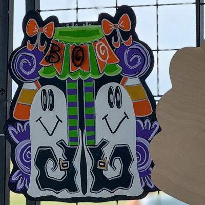Spooky Whimsy Halloween Door Hanger – Hand-Painted Birch Wood