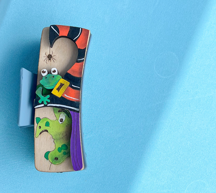 Enchanting Witch with Frog Hand Painted Wood Hair Claw Clip