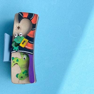 Enchanting Witch with Frog Hand Painted Wood Hair Claw Clip