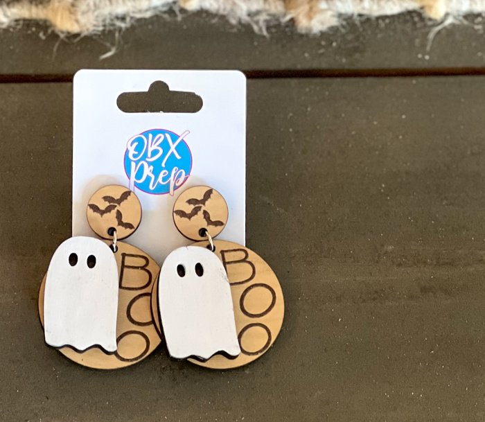 Hand Painted Birch Wood Halloween Earrings – “Boo” Circle Dangles
