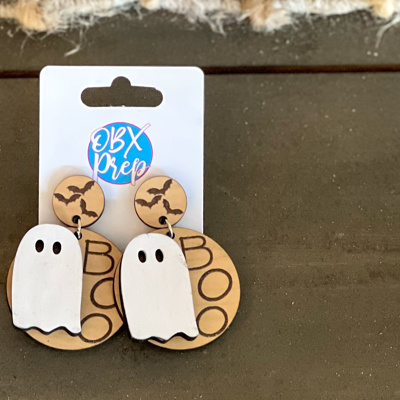 Hand Painted Birch Wood Halloween Earrings – “Boo” Circle Dangles