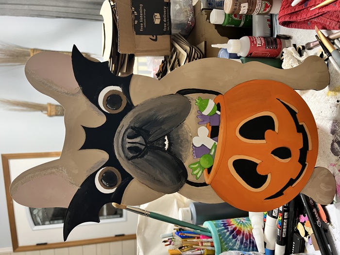 French Bulldog in Bat Mask – Halloween Hand-Painted Birch Door Hanger