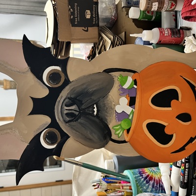 French Bulldog in Bat Mask – Halloween Hand-Painted Birch Door Hanger