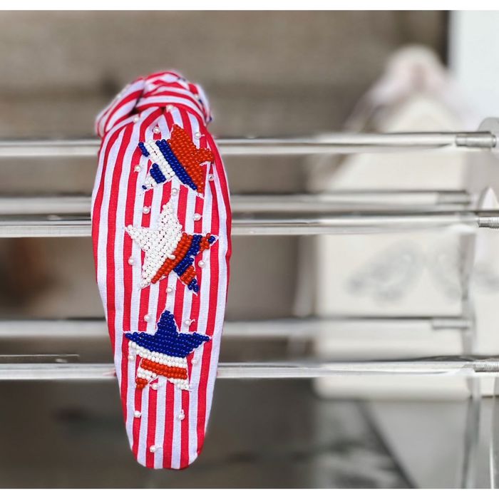 Independence Day Top Knot Headband – Red & White Stripe with Beaded Stars  Memorial Day