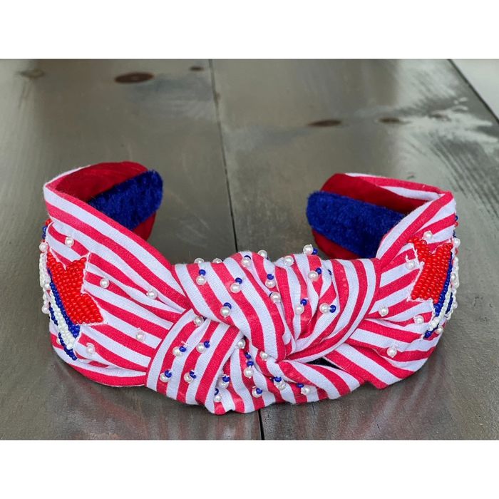 Independence Day Top Knot Headband – Red & White Stripe with Beaded Stars  Memorial Day