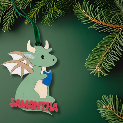 Personalized Dragon Ornament – Hand Painted Birch Wood Fantasy Gift for Kids, Readers & Book Lovers