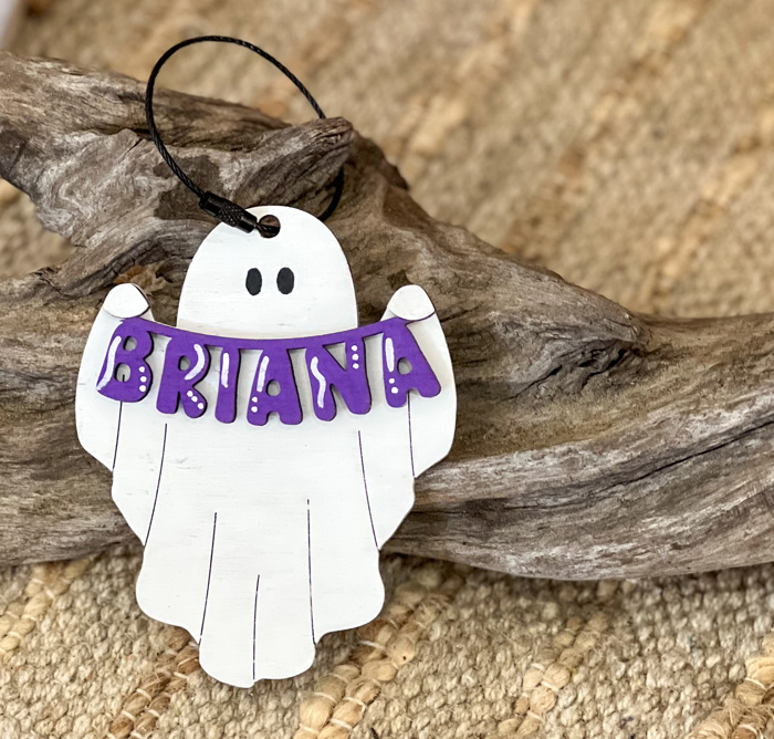 Personalized Ghost Bag Tag – Hand-Painted Birch Wood, Halloween Bucket & Backpack Name Tag, Custom OBX Gift