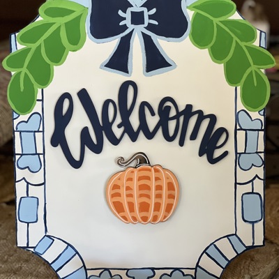 Hand-Painted Mini Welcome Sign – 18” Birch Wood, OBX Handmade, Interchangeable Seasonal Pieces, Chinoiserie Preppy Blue Decor