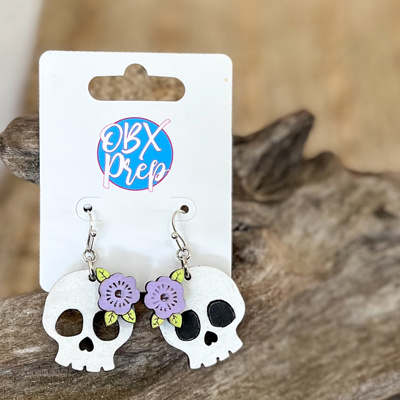 Hand Painted Skull Earrings with Purple Flowers | Birch Wood Halloween Earrings | Feminine Spooky Jewelry | OBX Handmade