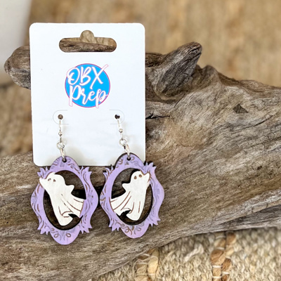 Hand Painted Ghost Earrings in Purple Ornate Frame | Halloween Wood Earrings | OBX Handmade Spooky Jewelry