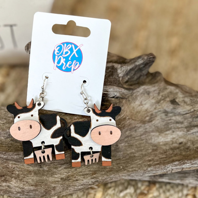 Hand Painted Cow Earrings with Dangling Udder | OBX Handmade Farm Animal Jewelry | Birch Wood Earrings