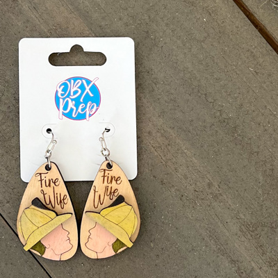 Fire Wife Earrings – Hand-Painted Birch Firefighter Jewelry, OBX Handmade Gift for Her, Hook Closure, Lead & Nickel Compliant