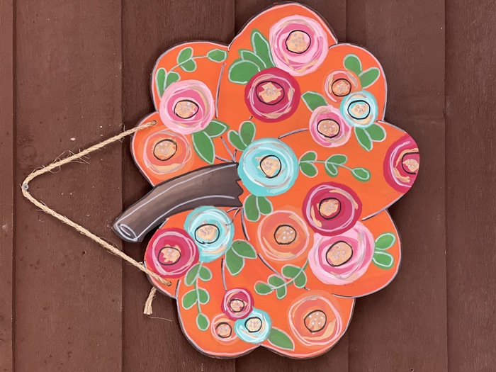 Pumpkin with Flowers and Gold Metallic Hand Painted Door Sign Hanger for Autumn and Fall